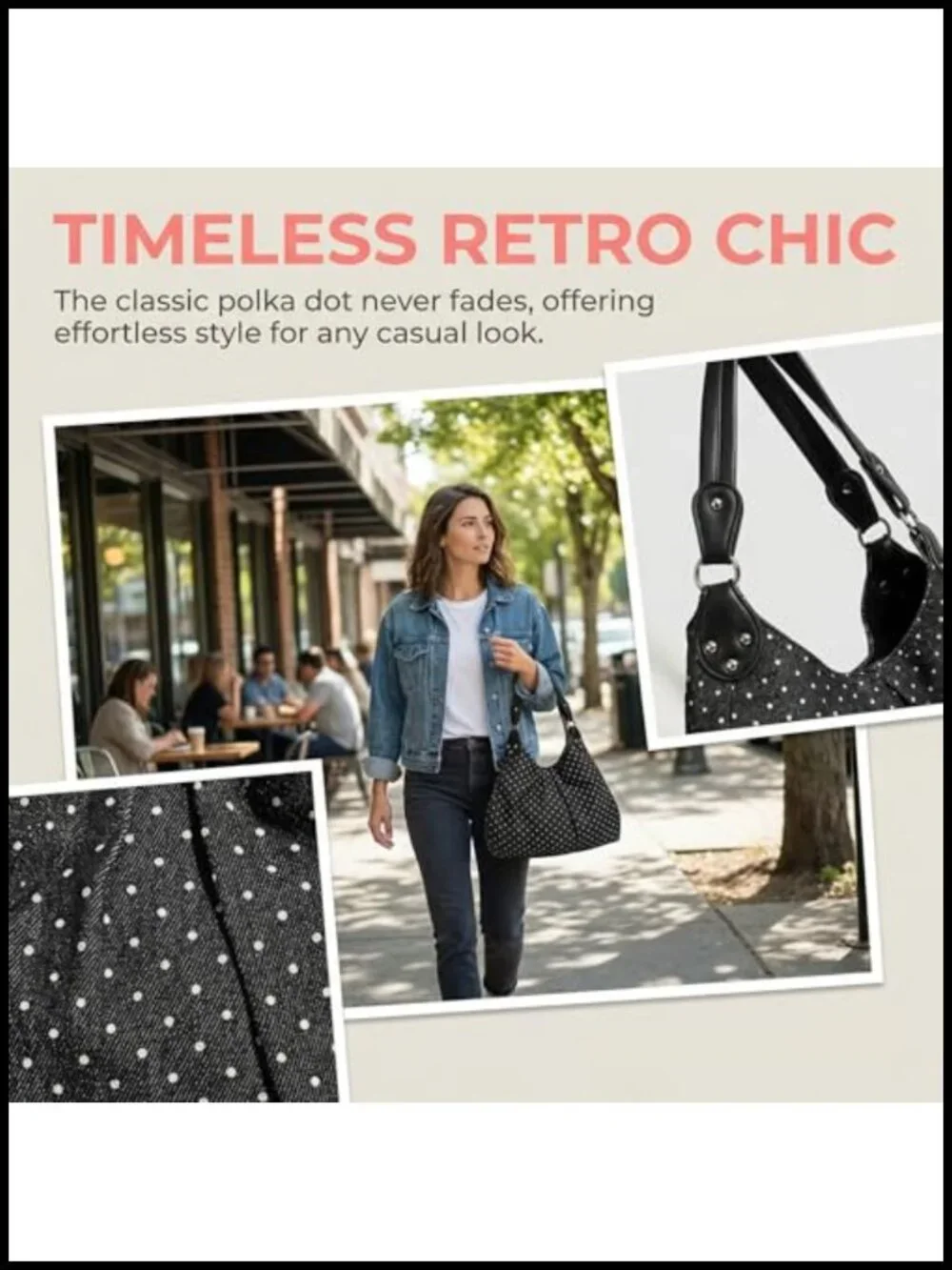 Vintage Y2K Slouchy Hobo Bag with Studs, Polka Dot Tote Shoulder Purse